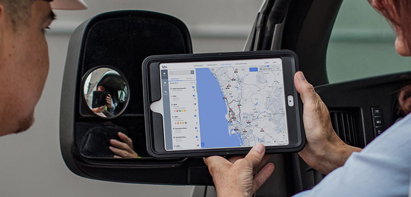 tablet with Lytx fleet tracking map on the screen