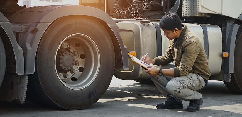 driver kneeling next to vehicle filling out paper form