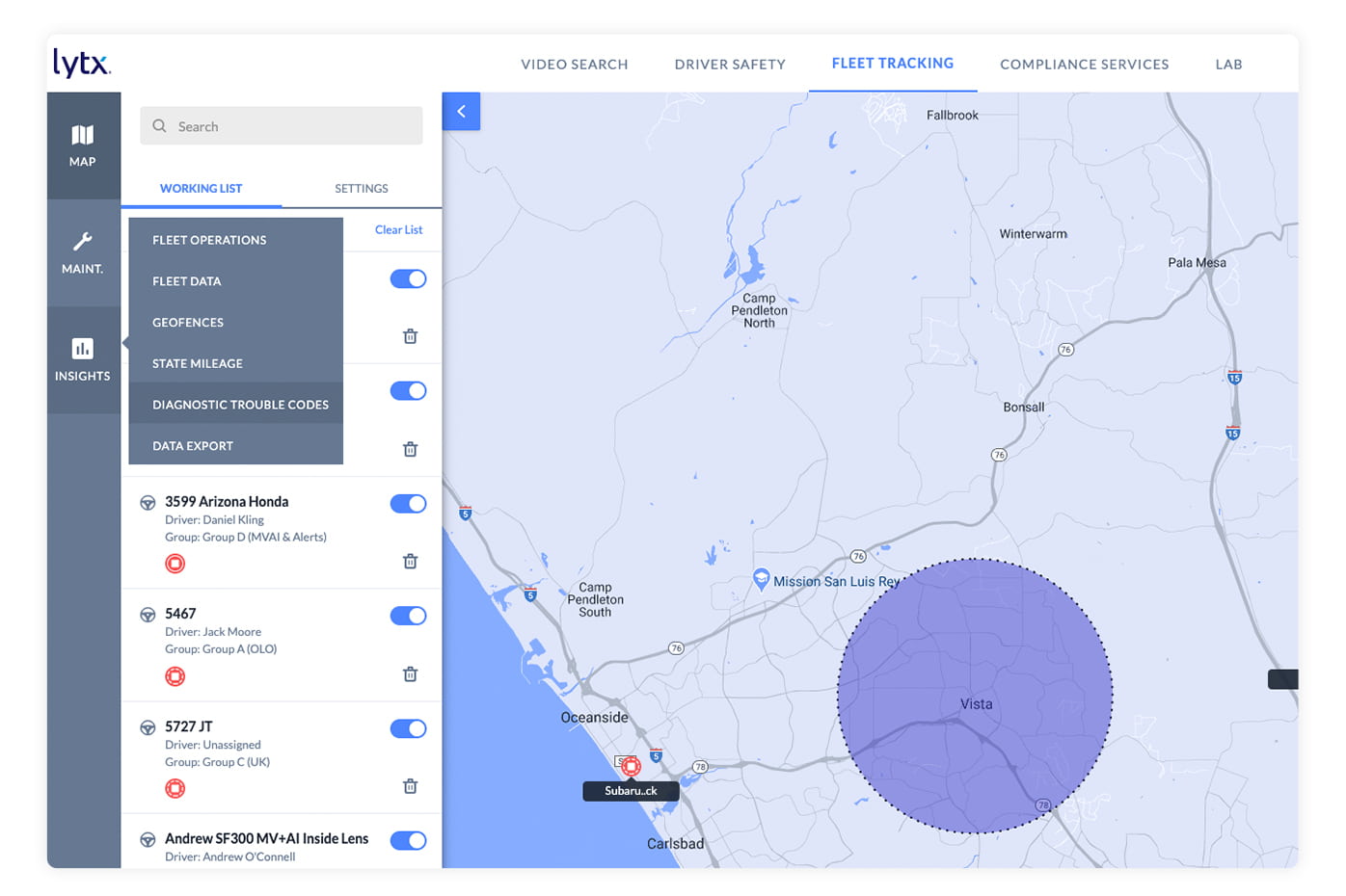 interface of Lytx fleet tracking and maintenance