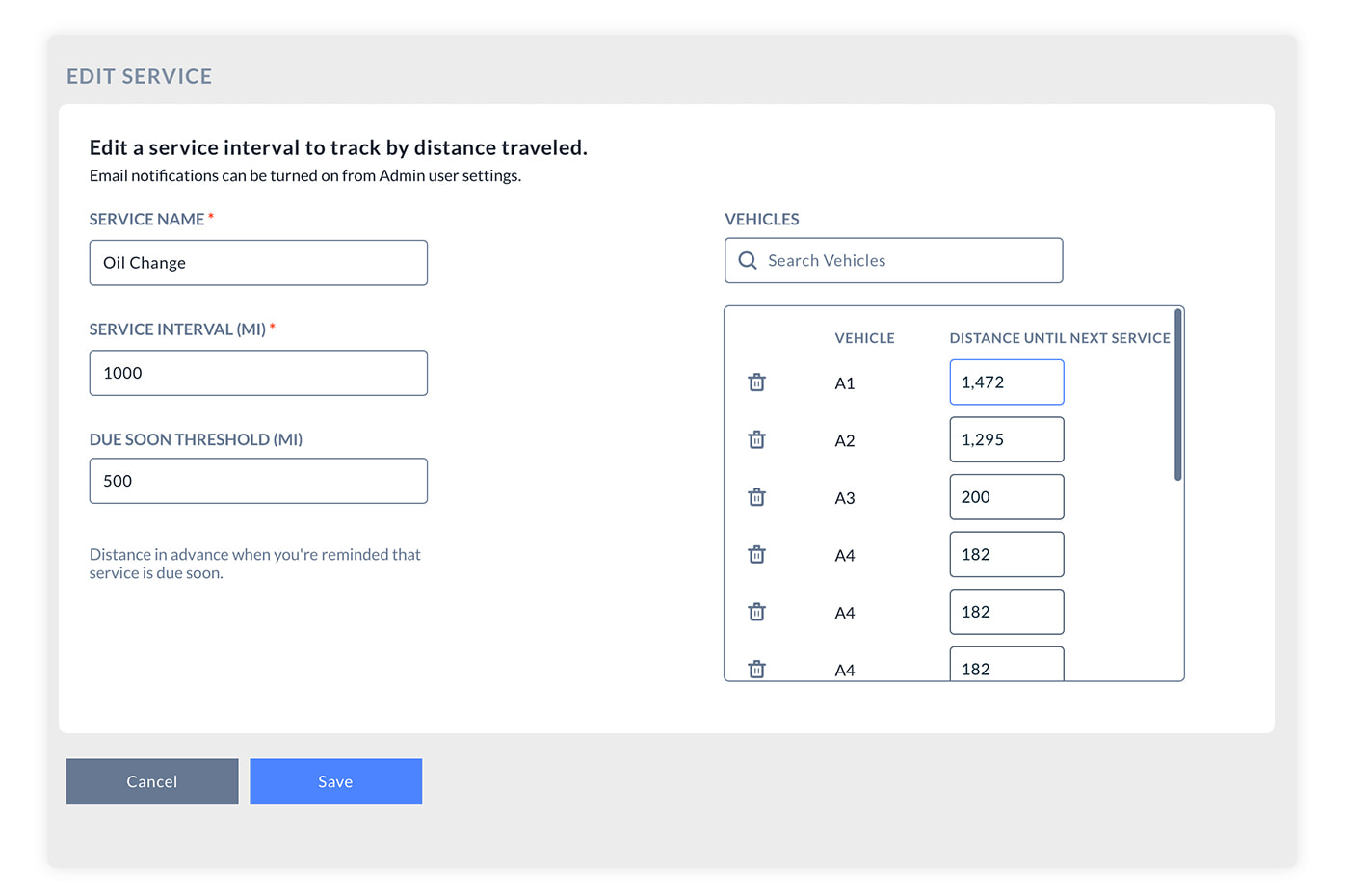 interface showing customizable features for vehicle maintenance