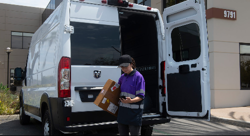 delivery person with package and van