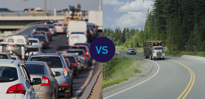 Crowded road with traffic vs an open road with only 2 vehicles