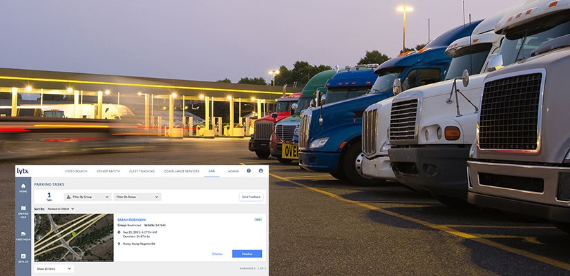 trucks lines up in a parking lot with an image of  the Lytx parked feature